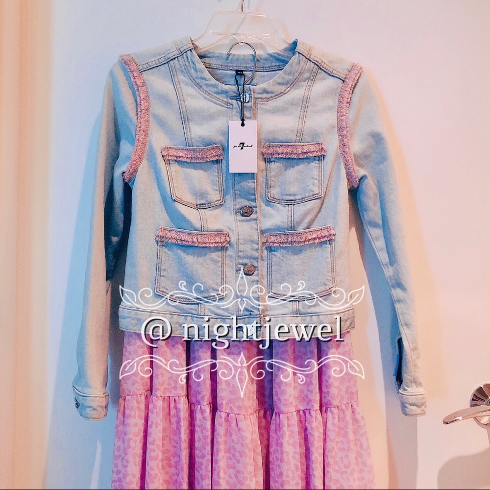 Seven 7 for all mankind 💖💙 rainbow pink fringe no collar collarless crop jacket